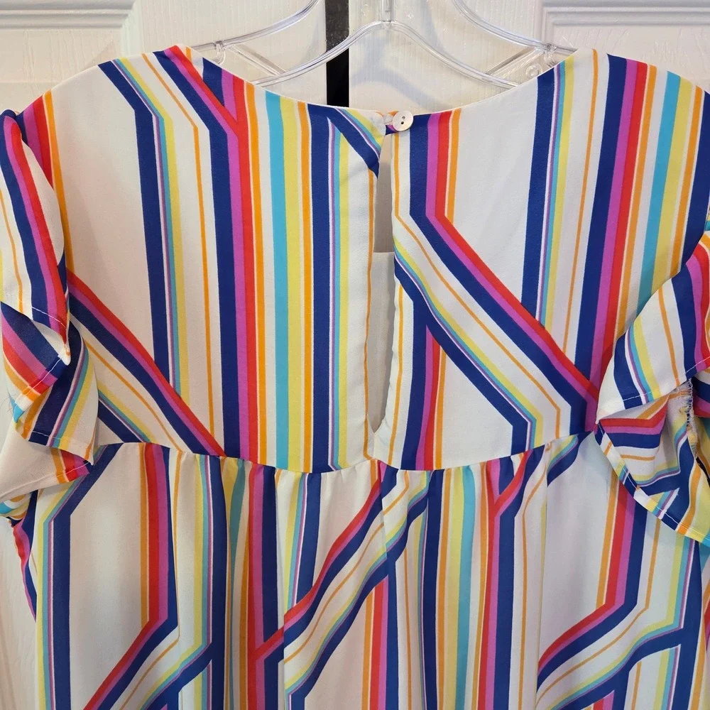 Peach Love California Multi Color Stripe Tiered Babydoll Mini Dress Pockets L - Picture 7 of 13